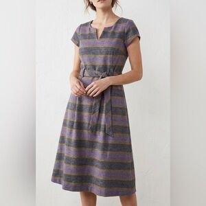 Boden Short Sleeve Striped Linen Blend Shift Dress denim Belted Notch Neck 12